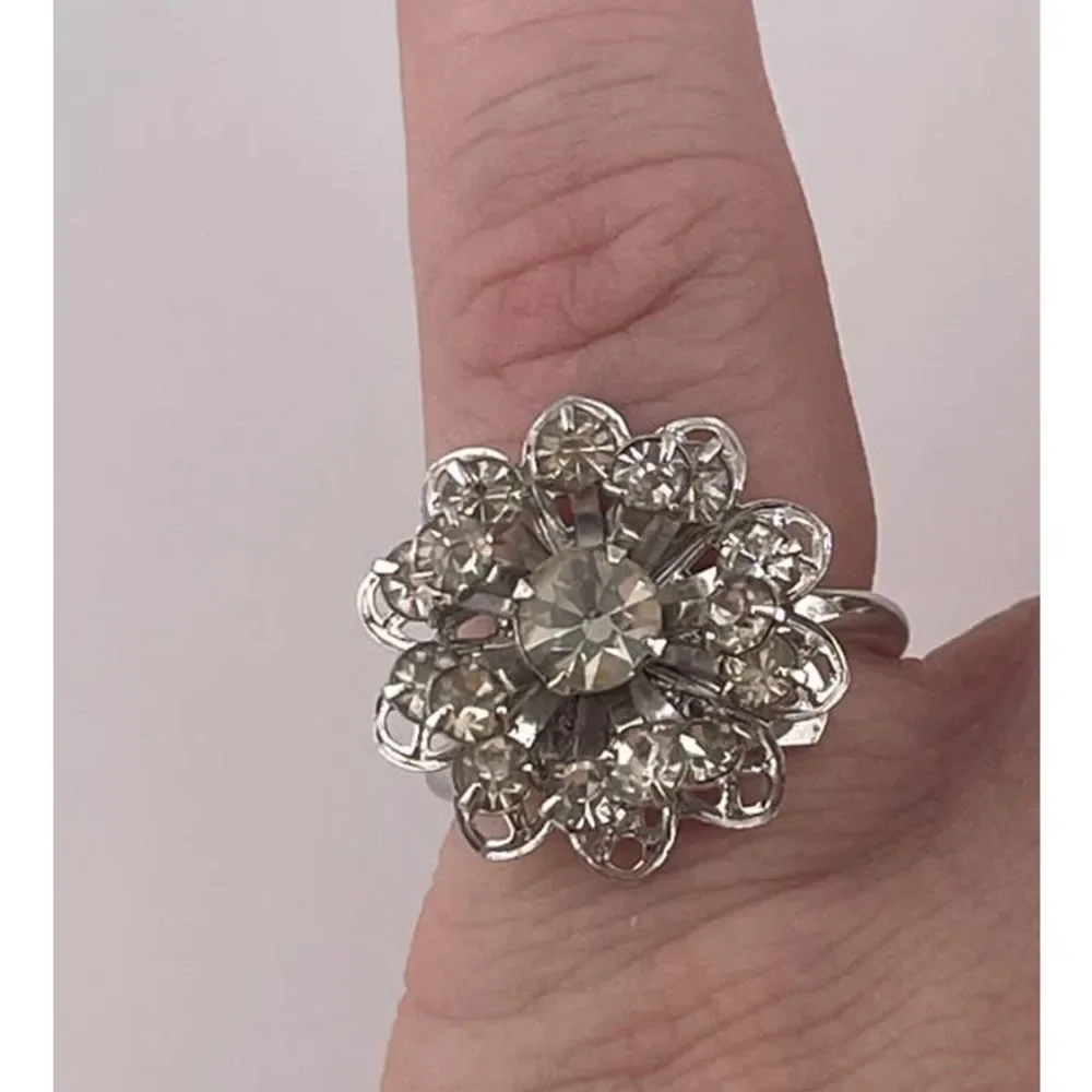 VTG Sarah Coventry Silver Tone Diamond Filigree Burst Statement Ring‎ Adjustable
